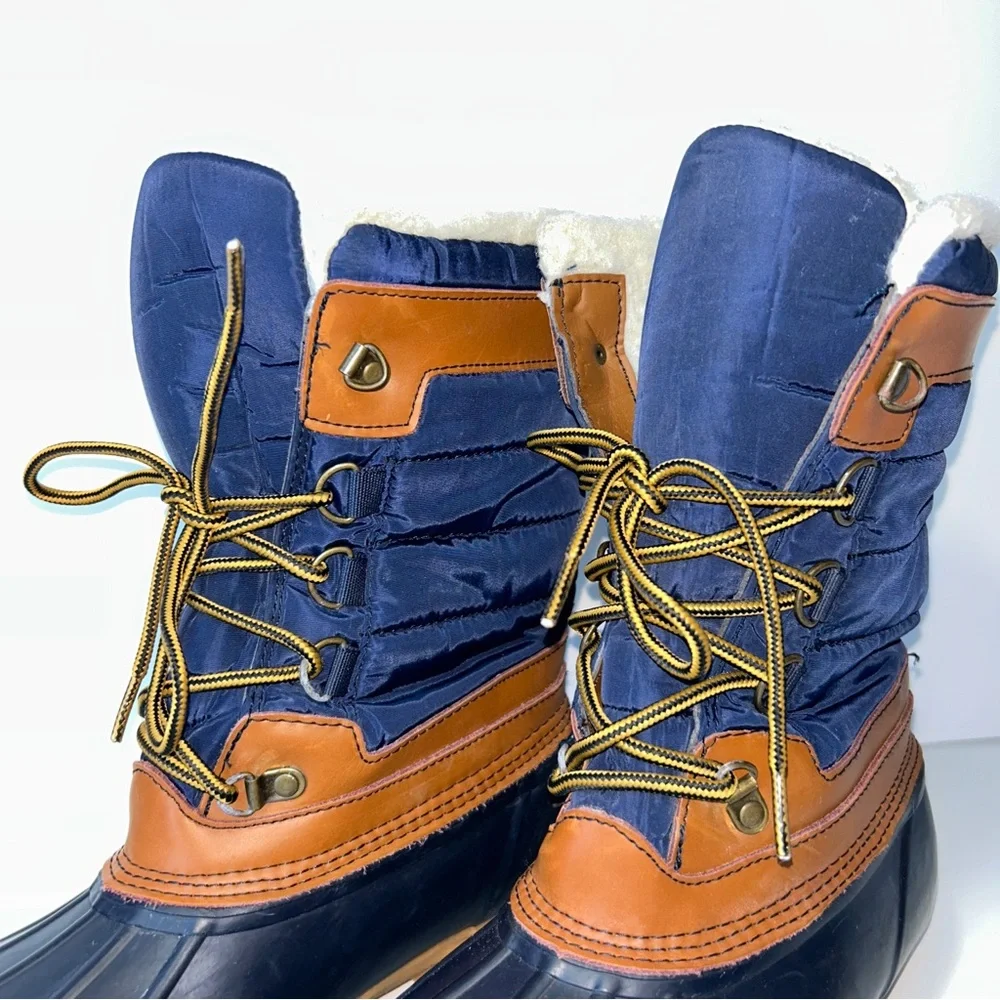 Lands' End Duck Boots Women's 7.5 Sherpa Lined Navy Camel Waterproof Lace Up‎